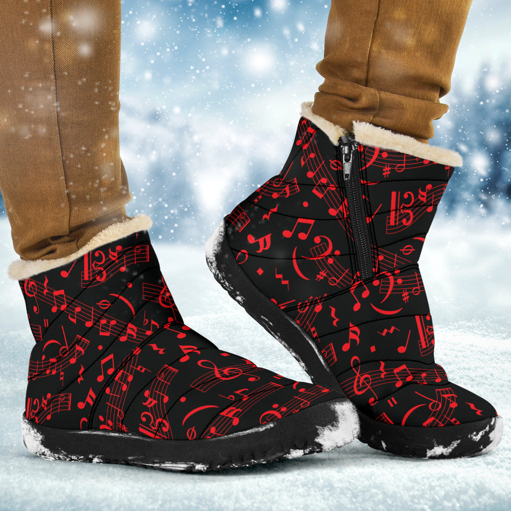 Red Musical Notes Cozy Winter Boots