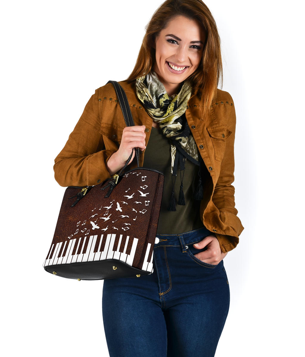 Piano Keys Music Birds Leather Tote Bag