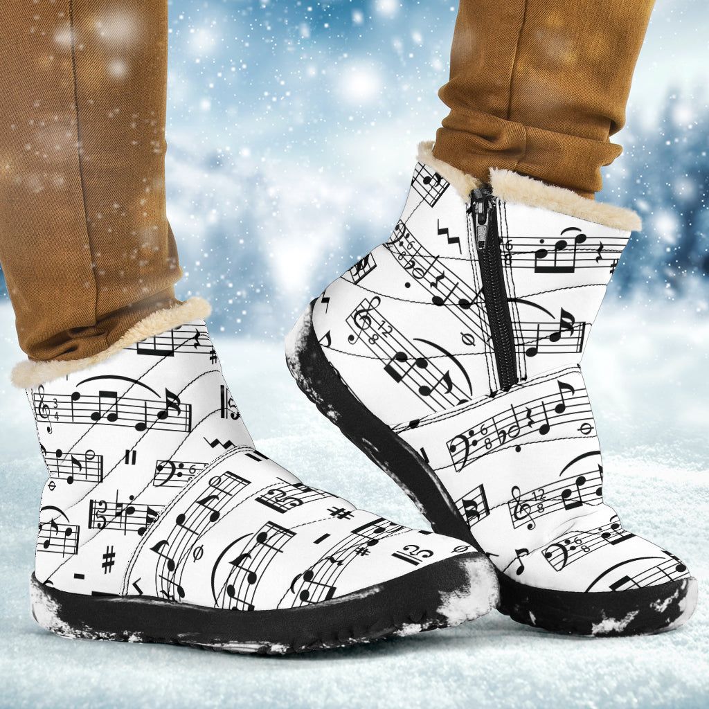 Music Notes Sheet White Cozy Winter Boots