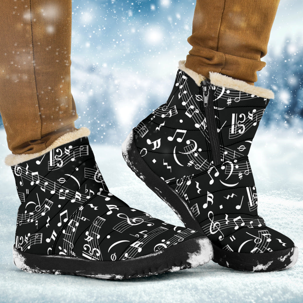 Musical Notes White Cozy Black Boots
