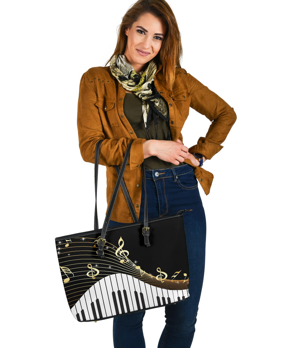 Piano Keys And Music Notes Large Leather Tote Bag