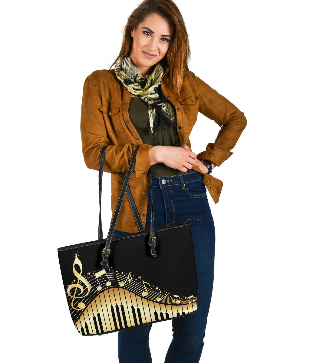Piano Keys With Musical Notes Large Leather Tote Bag