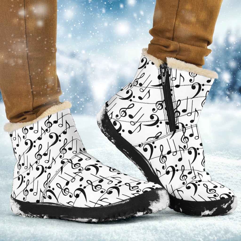 Music Notes Pattern White Cozy Winter Boots
