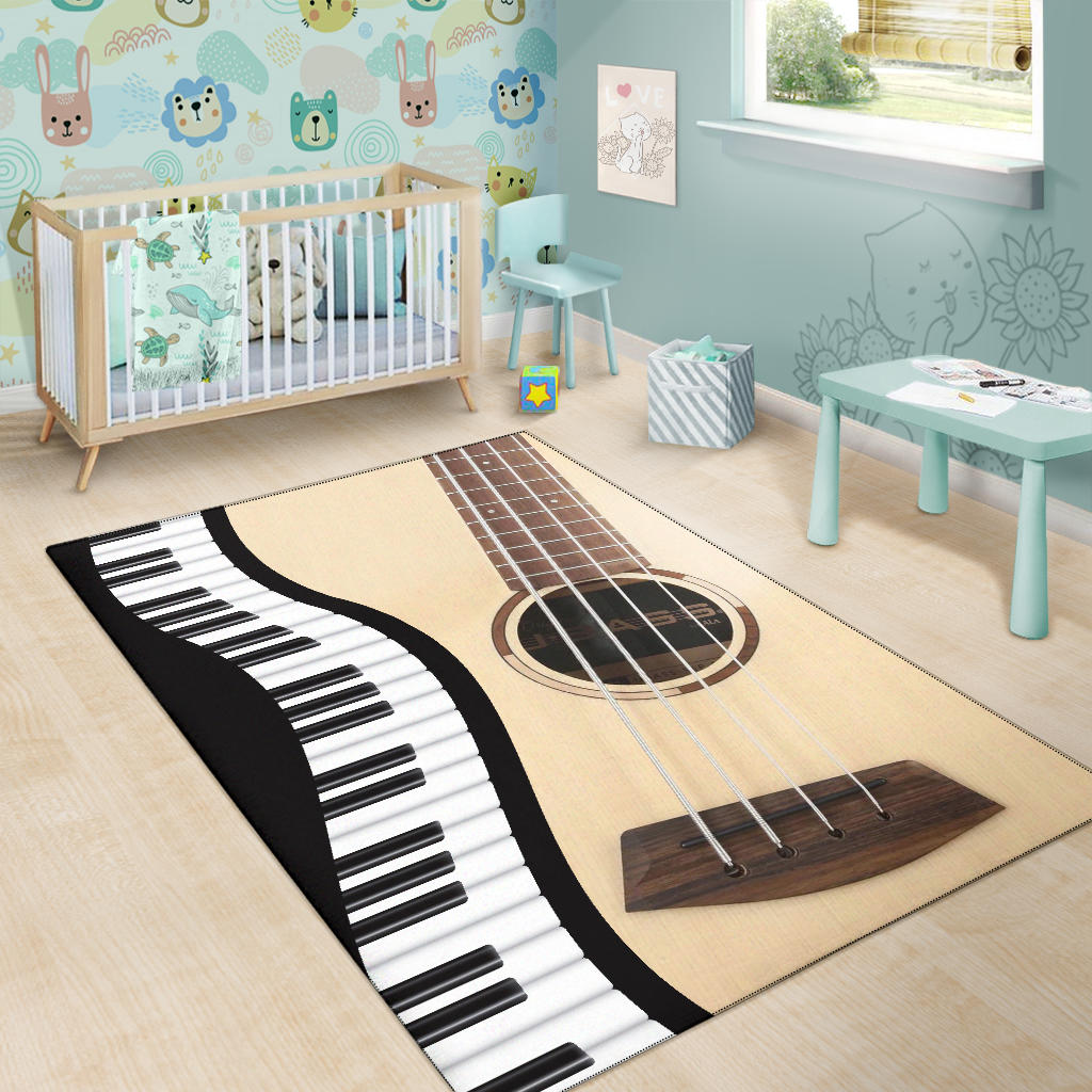 Piano Keys And Wood Guitar Area Rug