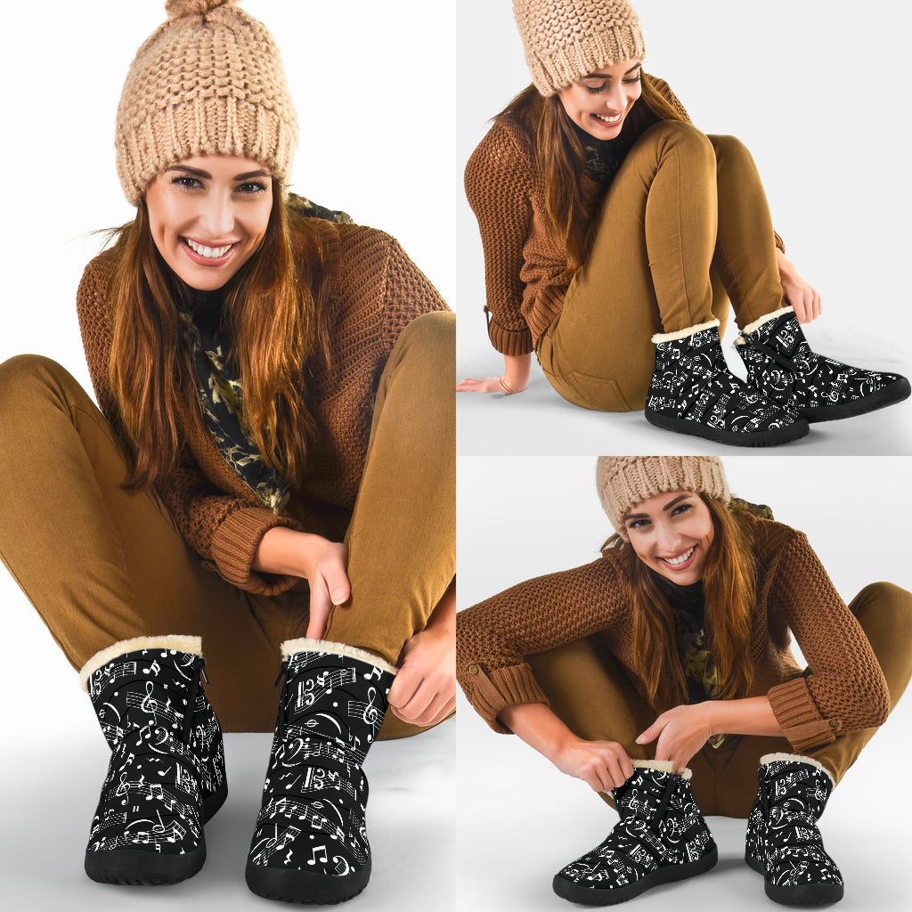 Musical Notes White Cozy Black Boots