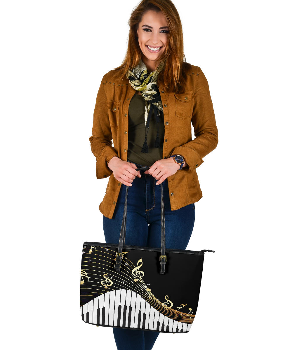 Piano Keys And Music Notes Large Leather Tote Bag