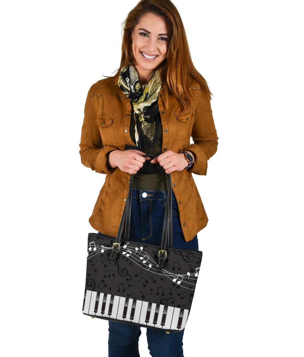Piano Music Notes Leather Tote Bag