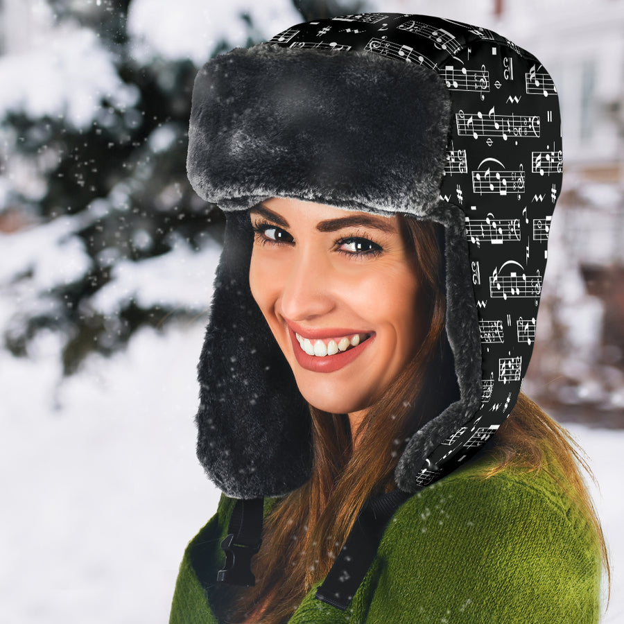 Musical Notes Pattern Black Trapper Hat