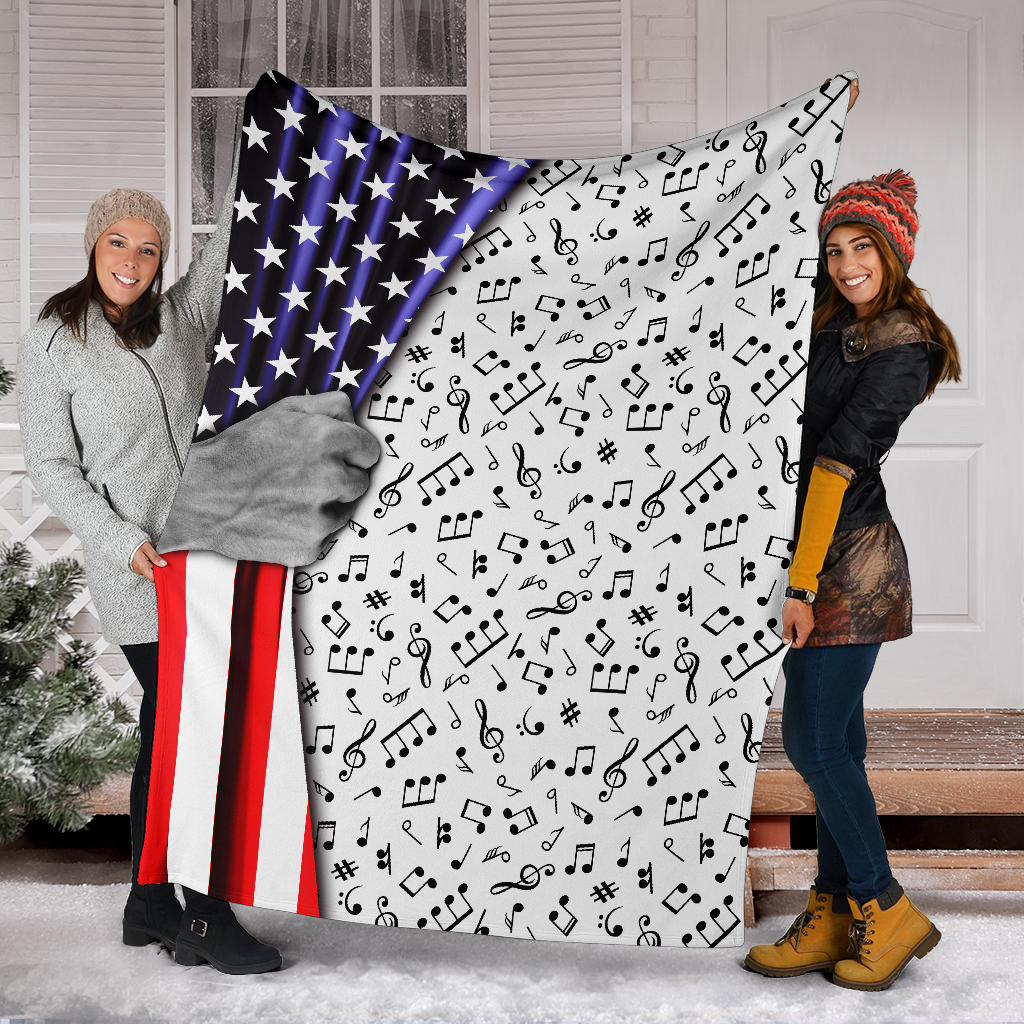 Music Notes American Flag White Blanket