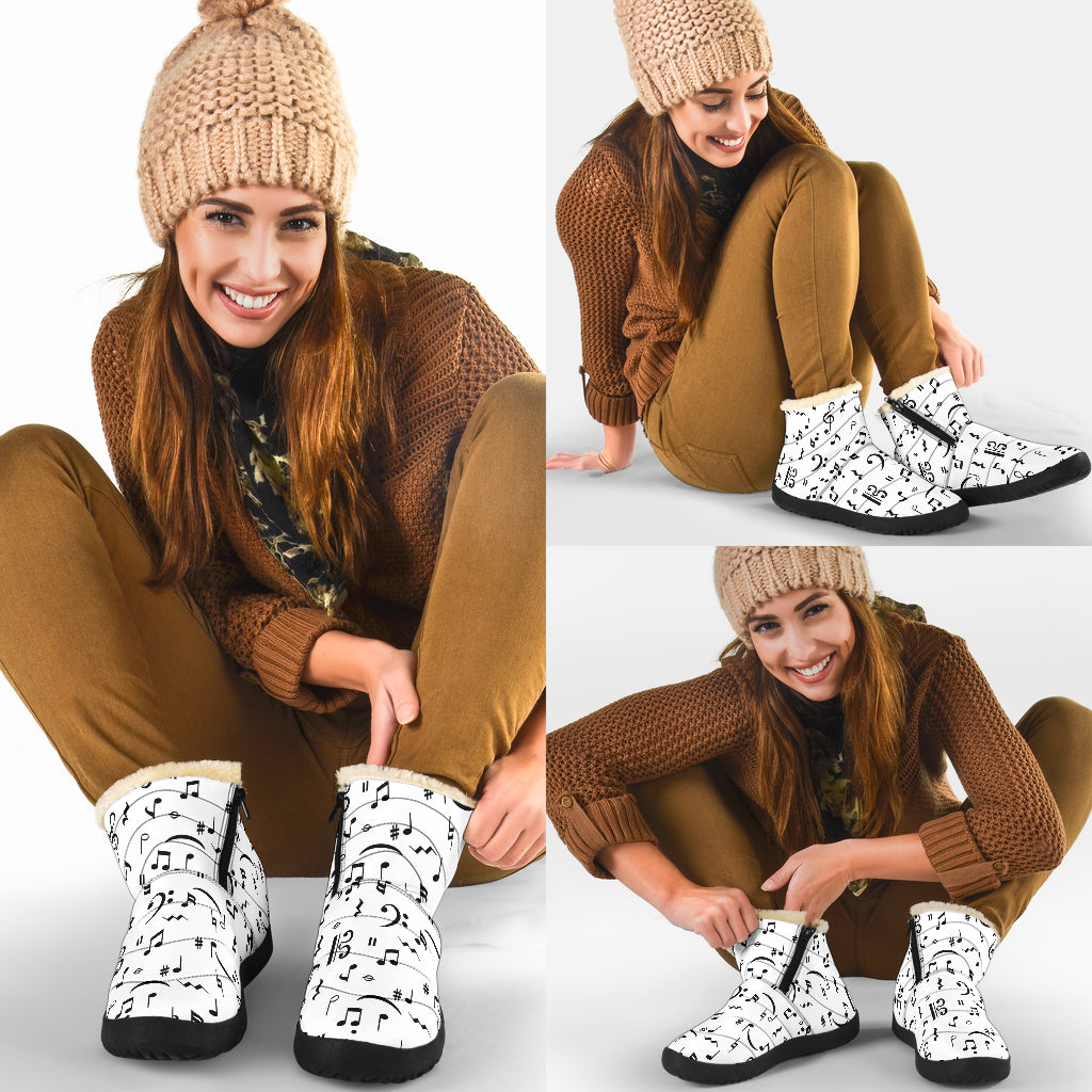 Music Notes White Cozy Winter Boots