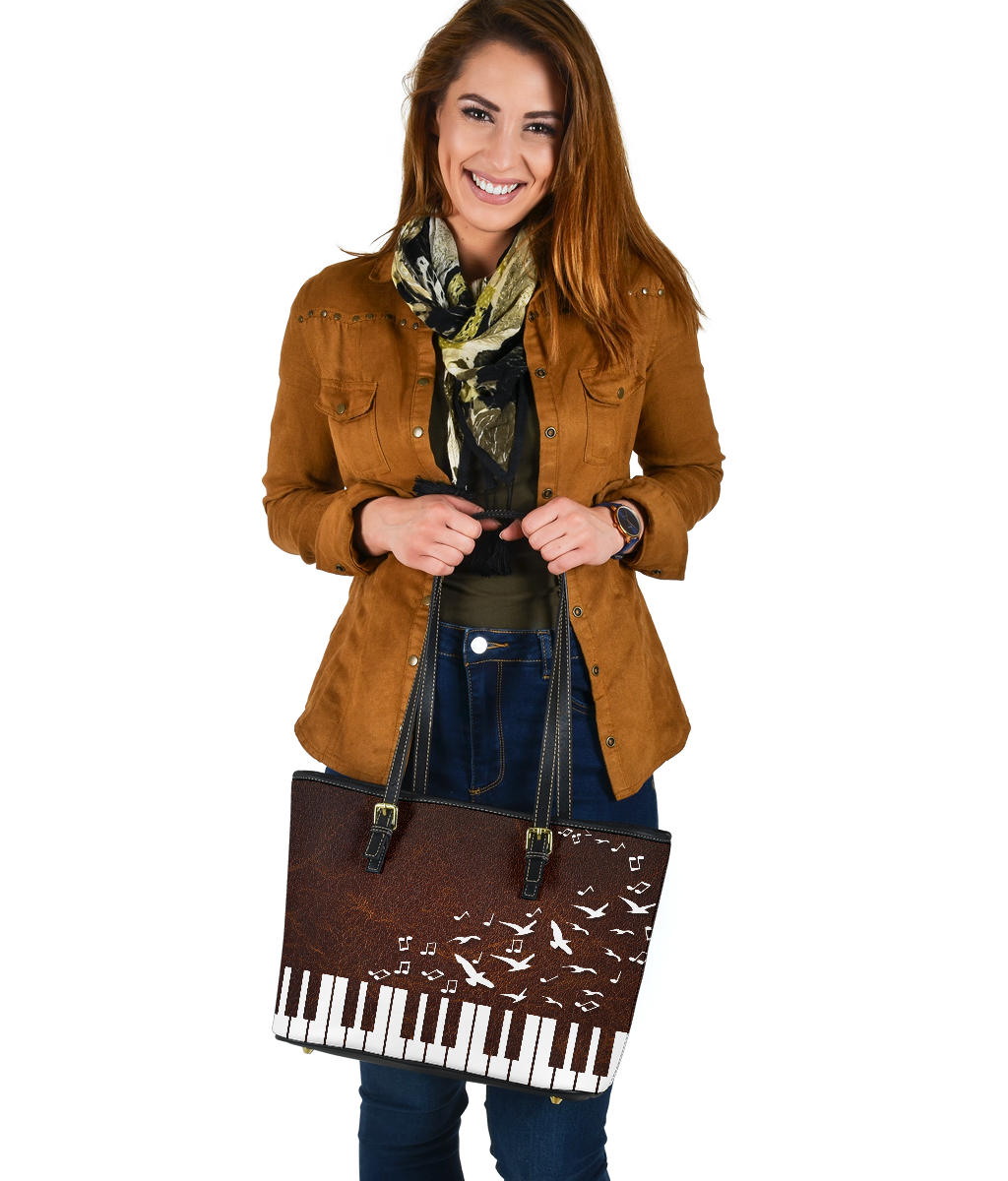 Piano Keys Music Birds Leather Tote Bag