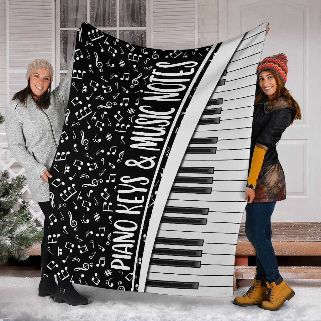 Piano Keys & Music Notes Black Blanket