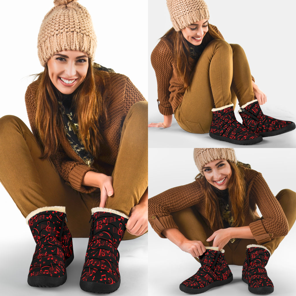 Red Musical Notes Cozy Winter Boots