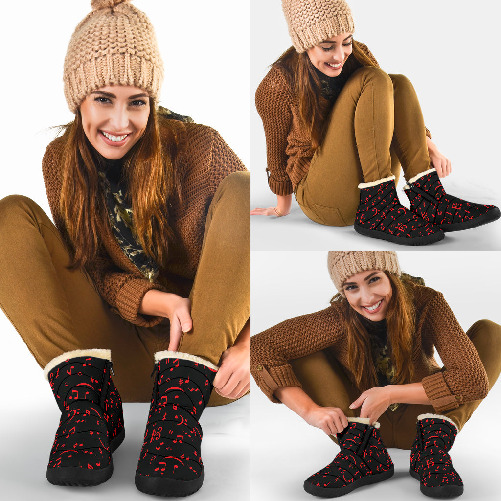 Red Music Notes Cozy Winter Boots