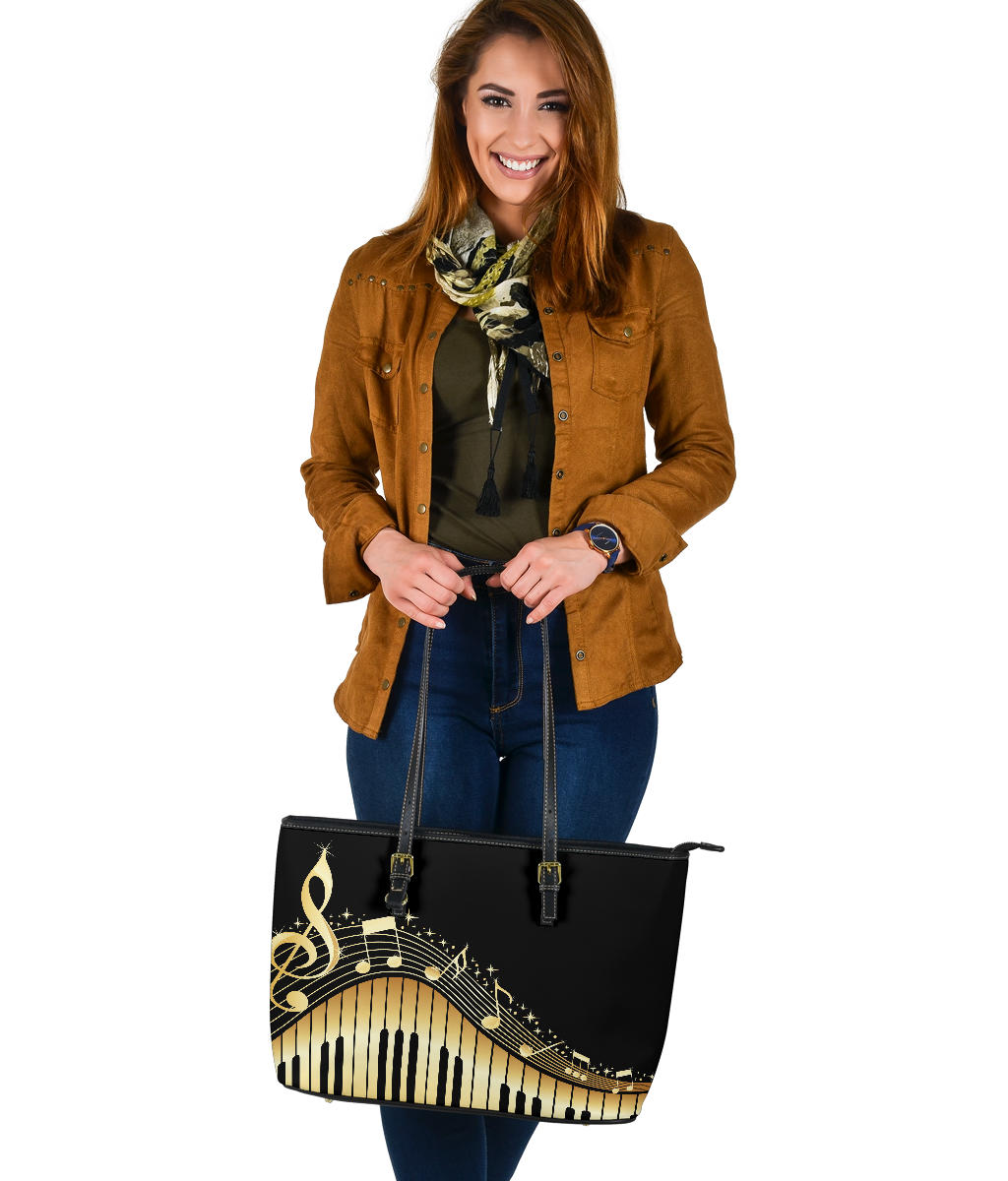 Piano Keys With Musical Notes Large Leather Tote Bag