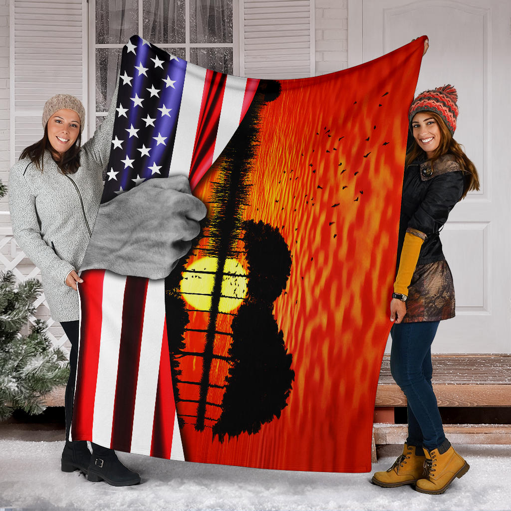 Guitar American Flag Sunset Blanket