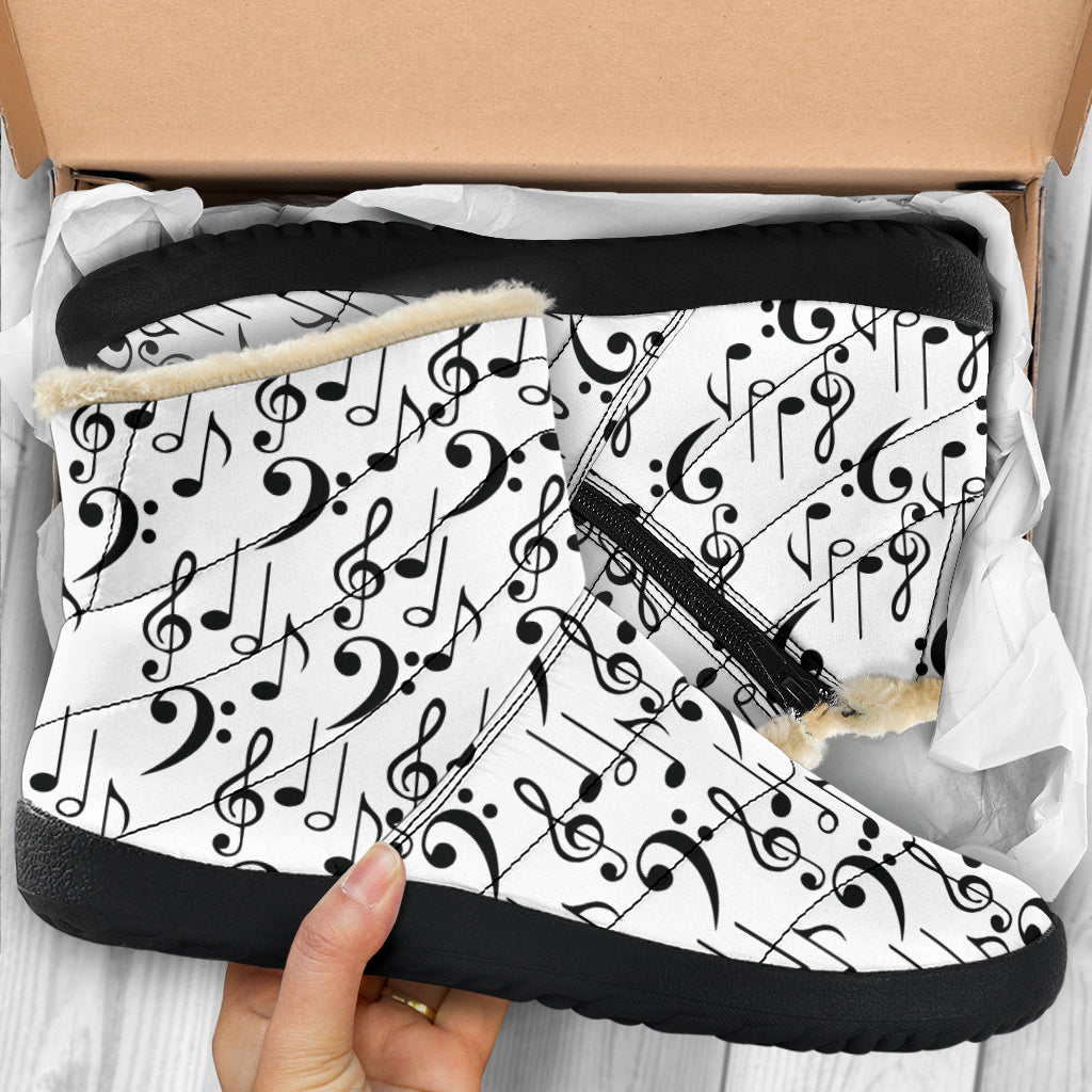 Music Notes Pattern White Cozy Winter Boots
