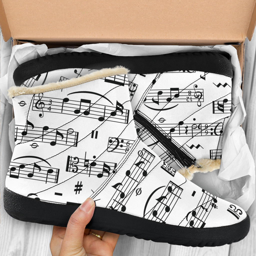 Music Notes Sheet White Cozy Winter Boots