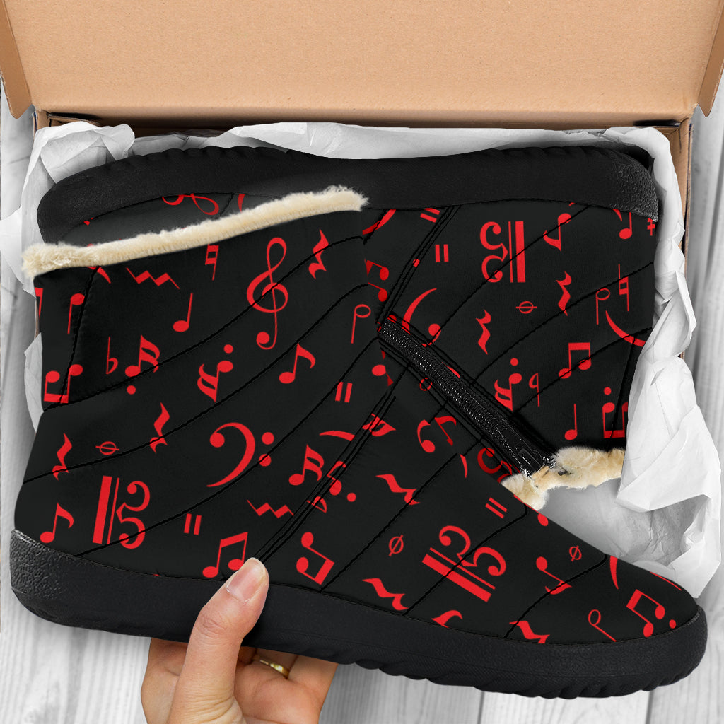 Red Music Notes Cozy Winter Boots