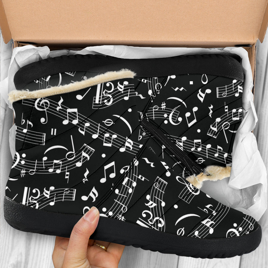 Musical Notes White Cozy Black Boots