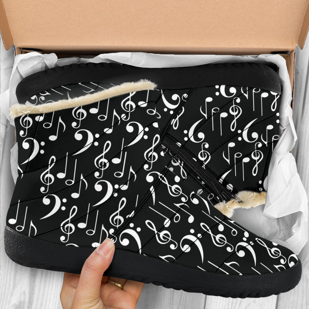 Music Notes Pattern Black Cozy Winter Boots