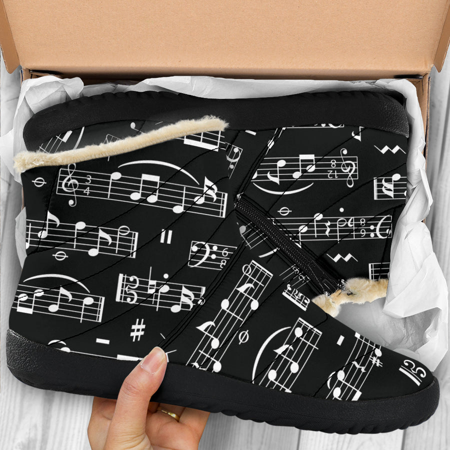 Music Notes Sheet Black Cozy Winter Boots