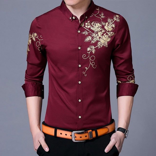 Golden Flower Print Men's Shirt