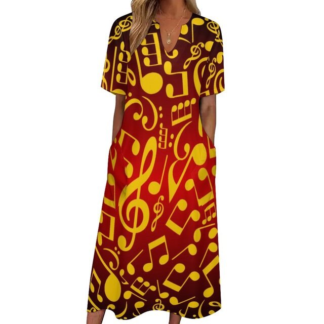 Music Notes V-neck Pocket Dress