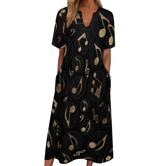 Music Notes V-neck Pocket Dress