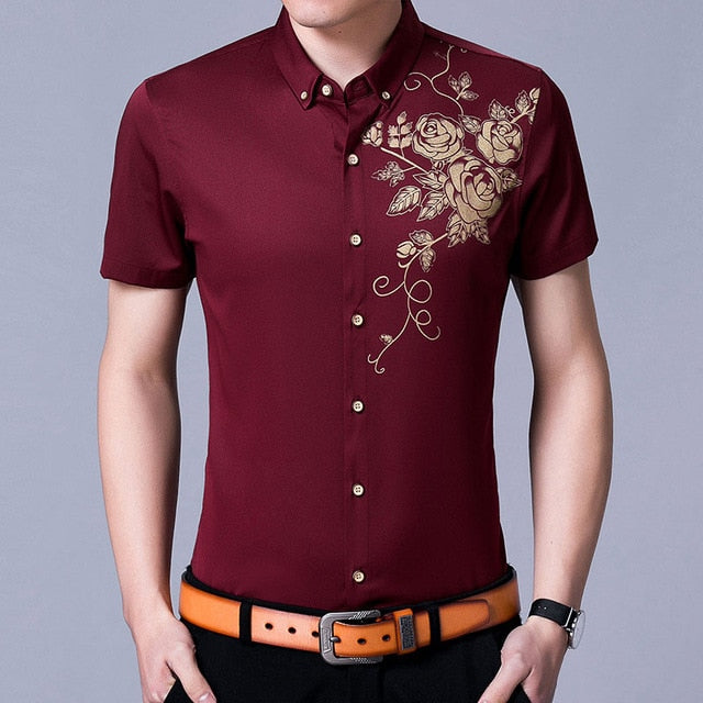 Golden Flower Print Men's Shirt