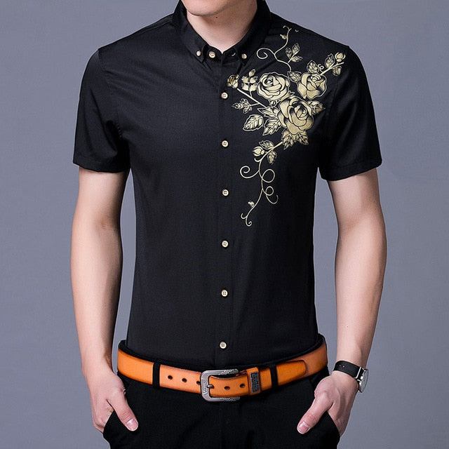 Black And Golden Flowers Print Full Sleeves Shirt