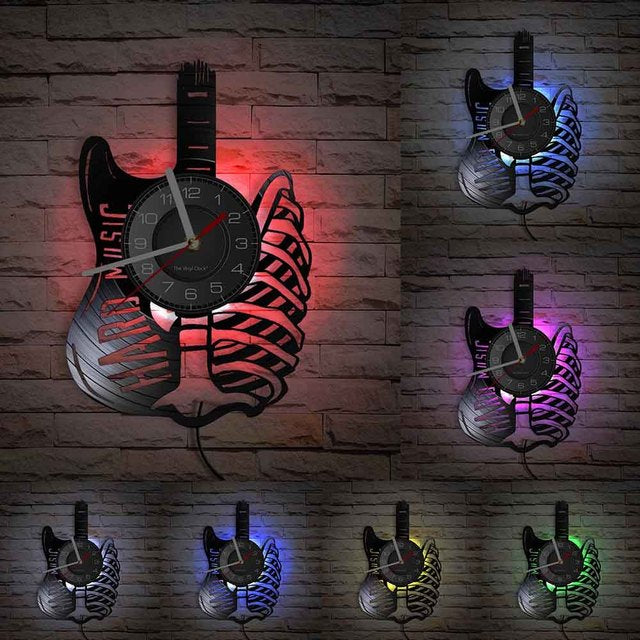Electric Guitar Skeleton Vinyl Record Wall Clock