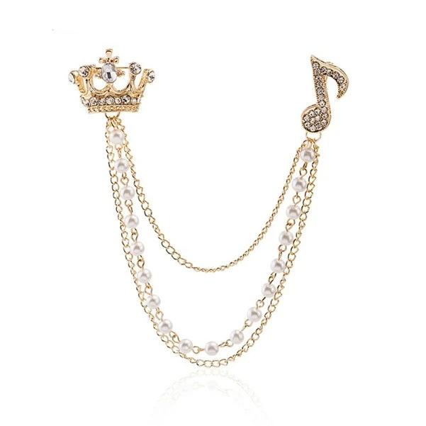 White Pearl Crown Music Notes Brooch