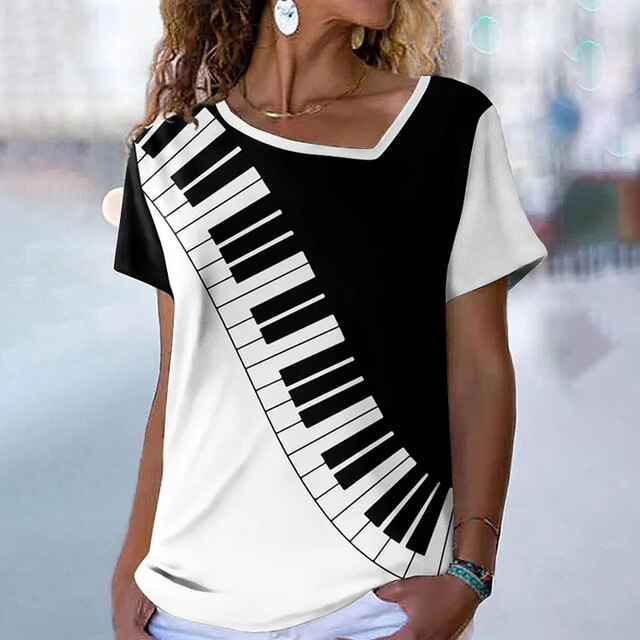 Piano Key Diagonal Neck T-shirt