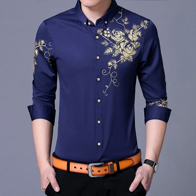 Golden Flower Print Men's Shirt
