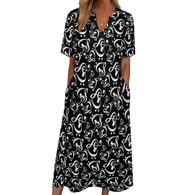 Music Notes V-neck Pocket Dress