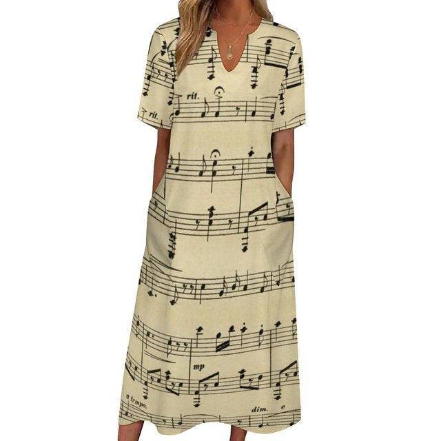 Music Notes V-neck Pocket Dress