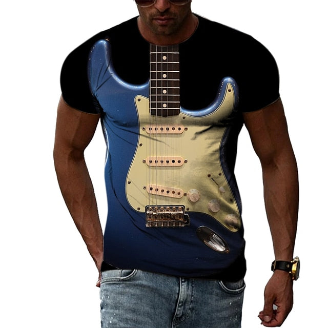 3D Guitar Round Neck T-shirt