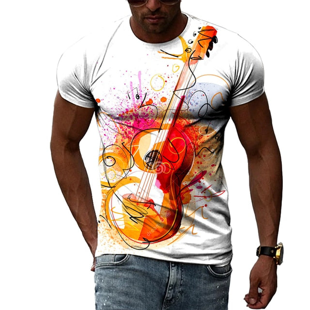 3D Guitar Round Neck T-shirt