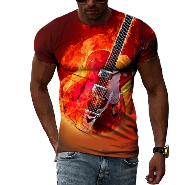 3D Guitar Round Neck T-shirt