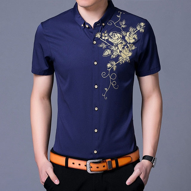 Golden Flower Print Men's Shirt