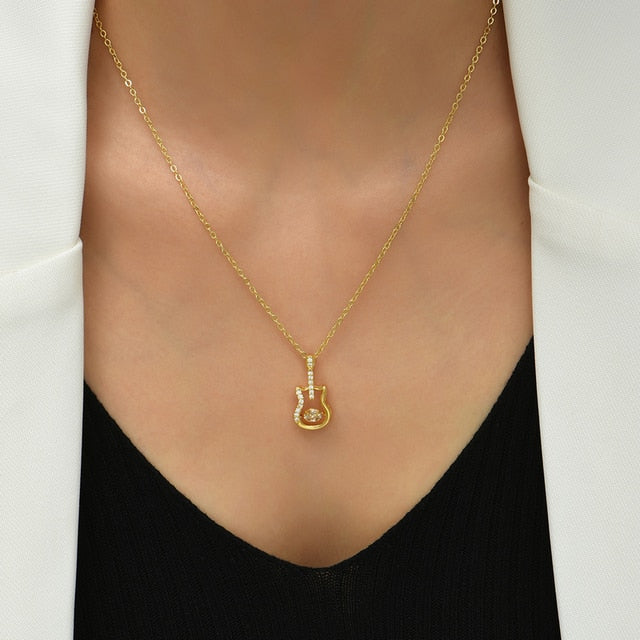 Musical Guitar Zircon Pendant Necklace