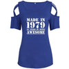 "Made in 1979" Off Shoulder Cross T-shirt - Blue / S - { shop_name }} - Review