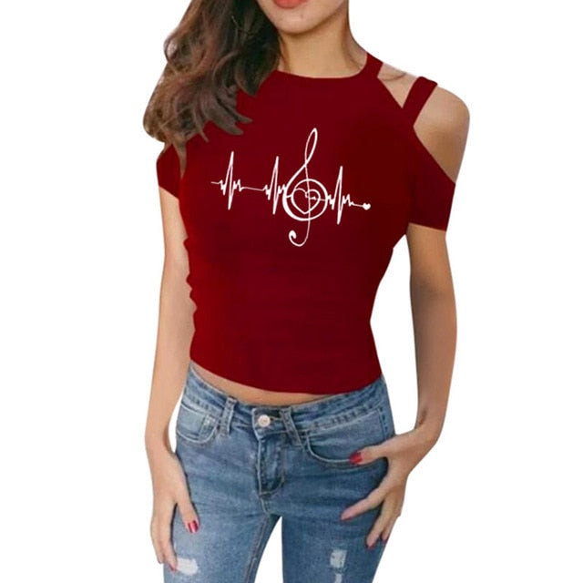 Music Clef Heartbeat Off Shoulder T-shirt