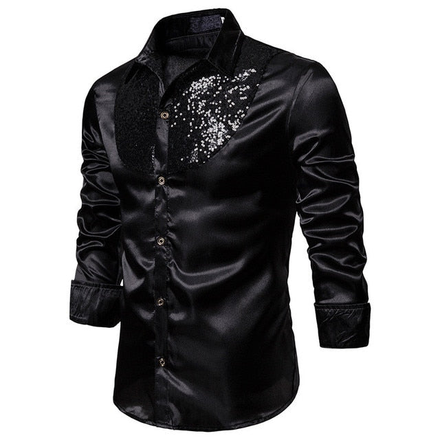 sparkly dress shirt Inevnen Men's Sequin Dress Shirt Button Down 70s Disco Party Sparkly Metallic Shirts