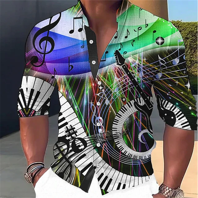 Music Print Stand Collar Linen Shirt