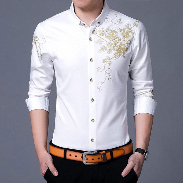Golden Flower Print Men's Shirt
