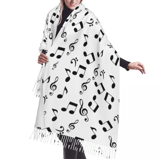 Random Music Notes White Tassel Scarf