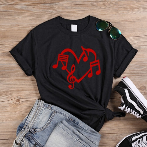 Music Notes Heart Love Graphic T-shirt - Black-Red / XS - { shop_name }} - Review
