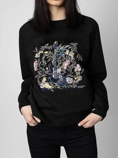 Guitar Floral Embroidery Sweatshirt